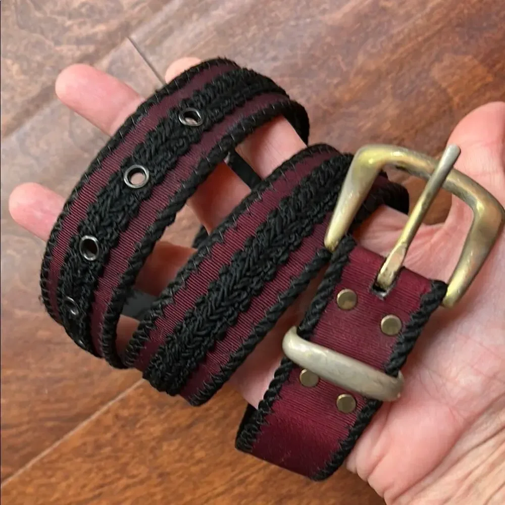 Super Vintage, Super Cool Black and Burgundy Fabric and Ribbon Belt, Size Small